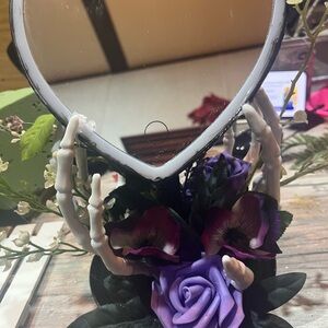 Skeleton Hand Heart Mirror with Purple Flowers